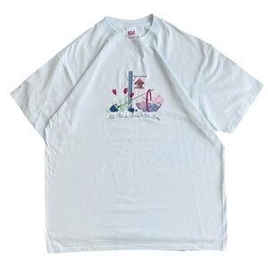 Vintage Anvil Pastel Blue Embroidered Flowers Birdhouse Gardening Tee T-Shirt